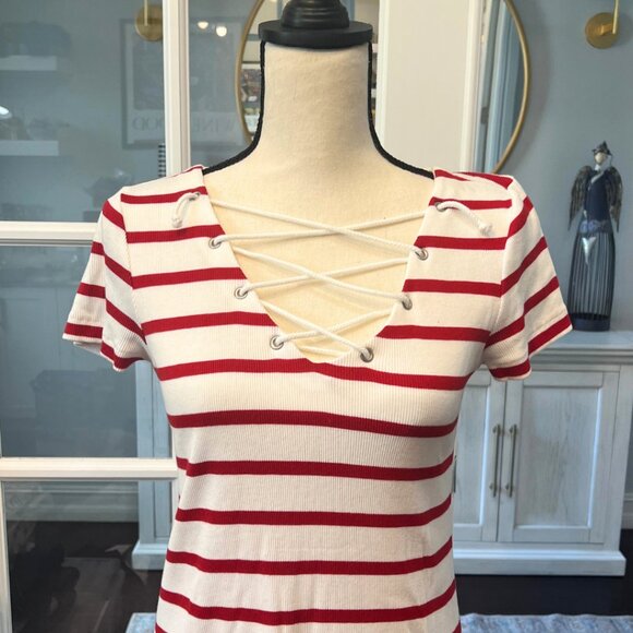 Ralph Lauren Sport Red White Striped Cord Tie V Neck Nautical Dress S - Picture 2 of 5